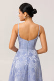 Blue A Line Spaghetti Straps Brocade Corset Prom Dress with Slit