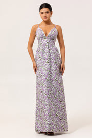 Purple Floral A Line Printed Spaghetti Straps Wedding Guest Dress
