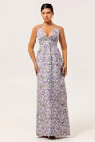 Purple Floral A Line Printed Spaghetti Straps Wedding Guest Dress