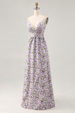 Purple Flower A Line Printed Spaghetti Straps Wedding Guest Dress