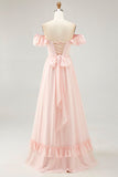 Off The Shoulder Blush Ruffled A Line Bridesmaid Dress with Slit