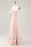 Off The Shoulder Blush Ruffled A Line Bridesmaid Dress with Slit