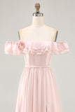 Off The Shoulder Blush Ruffled A Line Bridesmaid Dress with Slit