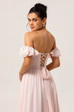 Off The Shoulder Ruffled Blush A Line Bridesmaid Dress with Slit