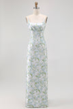 Blue White Floral Spaghetti Straps Printed Sheath Bridesmaid Dress