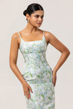 Blue White Floral Spaghetti Straps Printed Sheath Bridesmaid Dress