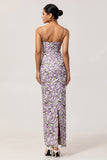 Purple Floral Sheath Printed Spaghetti Straps Long Bridesmaid Dress