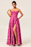Fuchsia Floral Strapless Corset A-Line Wedding Guest Dress with Pockets