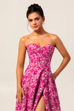 Fuchsia Floral Strapless Corset A-Line Wedding Guest Dress with Pockets