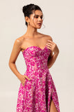 Fuchsia Floral Strapless Corset A-Line Wedding Guest Dress with Pockets