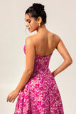 Fuchsia Floral Strapless Corset A-Line Wedding Guest Dress with Pockets