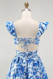 Blue Floral A Line Tiered V Neck Long Bridesmaid Dress