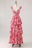 Blue Floral A Line Tiered V Neck Long Bridesmaid Dress