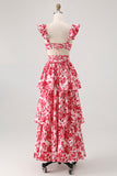 Blue Floral A Line Tiered V Neck Long Bridesmaid Dress