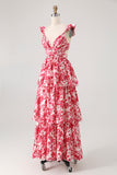 Blue Floral A Line Tiered V Neck Long Bridesmaid Dress