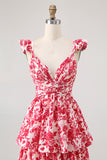 Blue Floral A Line Tiered V Neck Long Bridesmaid Dress