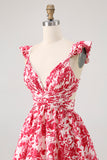 Blue Floral A Line Tiered V Neck Long Bridesmaid Dress