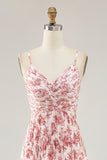 Blush Flower Pleated A Line Spaghetti Straps Wedding Guest Dress