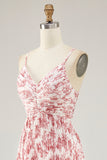 Blush Flower Pleated A Line Spaghetti Straps Wedding Guest Dress