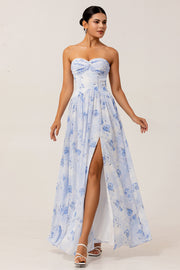 Blue Floral Strapless A Line Chiffon Long Bridesmaid Dress with Slit