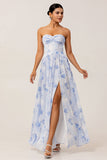 Blue Floral Strapless A Line Chiffon Long Bridesmaid Dress with Slit