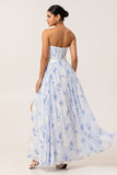 Blue Floral Strapless A Line Chiffon Long Bridesmaid Dress with Slit