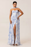 Blue Floral Strapless A Line Chiffon Long Bridesmaid Dress with Slit