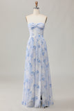 Strapless Blue Flower A-Line Printed Wedding Guest Dress with Slit