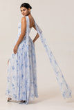 Blue Floral Strapless A Line Chiffon Long Bridesmaid Dress with Slit