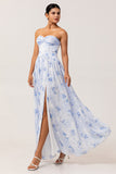 Blue Floral Strapless A Line Chiffon Long Bridesmaid Dress with Slit