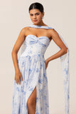 Blue Floral Strapless A Line Chiffon Long Bridesmaid Dress with Slit