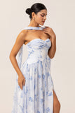 Blue Floral Strapless A Line Chiffon Long Bridesmaid Dress with Slit