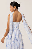 Blue Floral Strapless A Line Chiffon Long Bridesmaid Dress with Slit