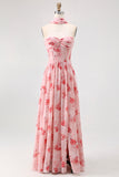 Blue Floral Strapless A Line Chiffon Long Bridesmaid Dress with Slit