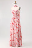 Blue Floral Strapless A Line Chiffon Long Bridesmaid Dress with Slit