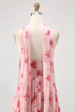 Blue Floral Strapless A Line Chiffon Long Bridesmaid Dress with Slit