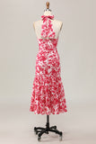Mermaid Halter Printed Red Flower Midi Wedding Guest Dress