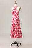 Mermaid Halter Printed Red Flower Midi Wedding Guest Dress