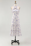 Blue Floral Halter A Line Ruffled Midi Bridesmaid Dress