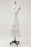 Blue Floral Halter A Line Ruffled Midi Bridesmaid Dress