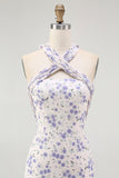 Blue Floral Halter A Line Ruffled Midi Bridesmaid Dress