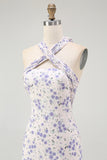 Blue Floral Halter A Line Ruffled Midi Bridesmaid Dress