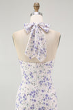 Blue Floral Halter A Line Ruffled Midi Bridesmaid Dress