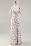 A Line Printed Blue Flower Long Wedding Guest Dress with Slit