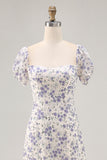 A Line Printed Blue Flower Long Wedding Guest Dress with Slit