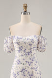 A Line Printed Blue Flower Long Wedding Guest Dress with Slit
