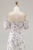 A Line Printed Blue Flower Long Wedding Guest Dress with Slit