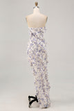 Blue Floral Sheath Strapless Ruffled Bridesmaid Dress