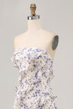 Blue Floral Sheath Strapless Ruffled Bridesmaid Dress