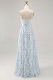 Blue Printed Floral Spaghetti Straps Cut Out Wedding Guest Dress
